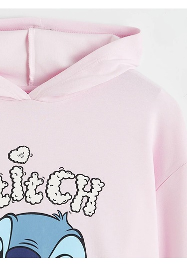Lc Waikiki Pembe Kapüşonlu Stitch Baskılı Kız Çocuk Sweatshirt