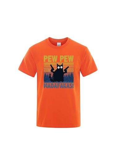 Teekossc Pew Pew Madafakas Erkek Kısa Kollu Komik Kedi T-shirt Vintage Yazlık Ekip Üstü Streetwear Chınahaki Haki