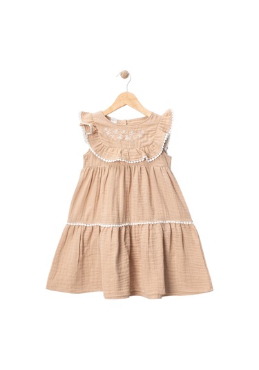 Robası Nakışlı Müslin Elbise Bej