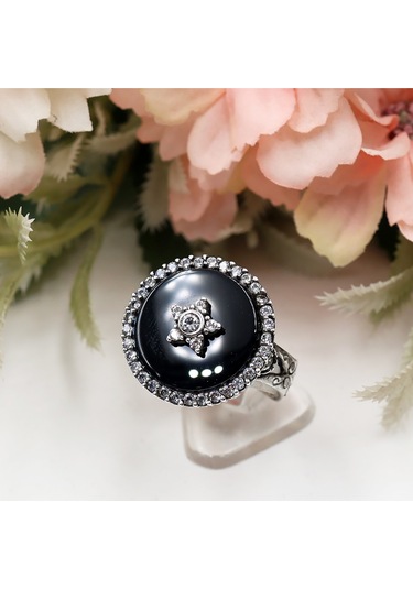 Zirkon Taşlı Oniks Taş Üzerinde Yıldız Set Rose Gold - Gümüş