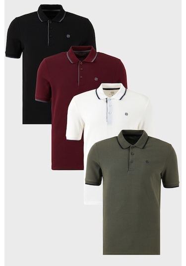 Buratti Pamuklu Slim Fit Şerit Detaylı Düğmeli Polo Yaka 4'Lü Paket Erkek T Shirt 5902118S4 Siyah-Beyaz-Haki-Vişne