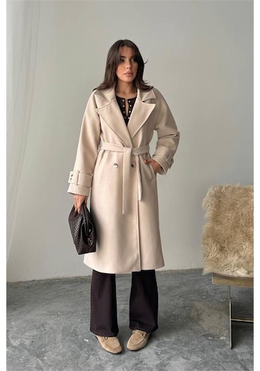 Neşeli Butik Kadın Kuşak Detaylı Astarlı Kaşe Kaban Nbg120 Bej