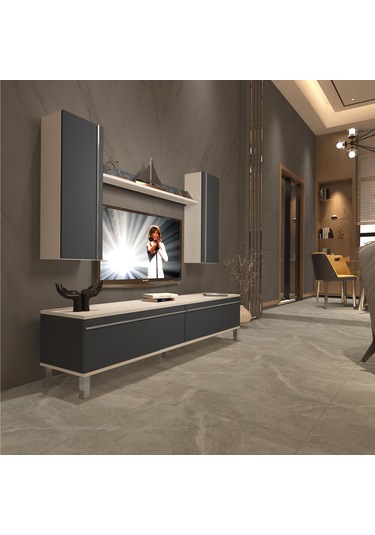 Decoraktiv Eko 7 Mdf Std Krom Ayaklı Tv Ünitesi Tv Sehpası Beyaz - Antrasit