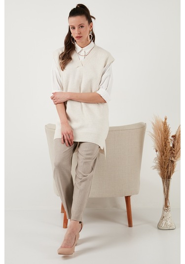 Lela V Yaka Arkası Uzun Triko Bayan Süveter 4616082Y Taş