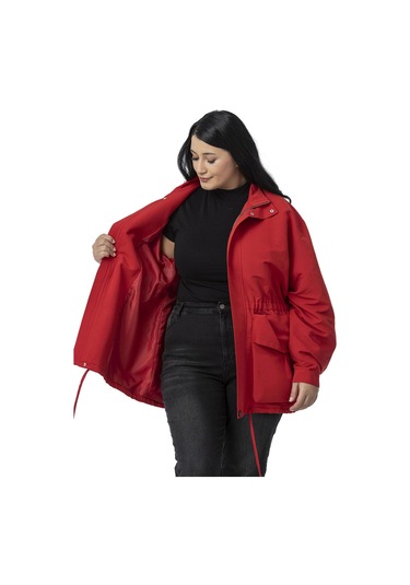 Büyük Beden Çıtçıt Ve Fermuar Kapamalı Beli Büzgülü Astarlı Kırmızı Trençkot Kırmızı