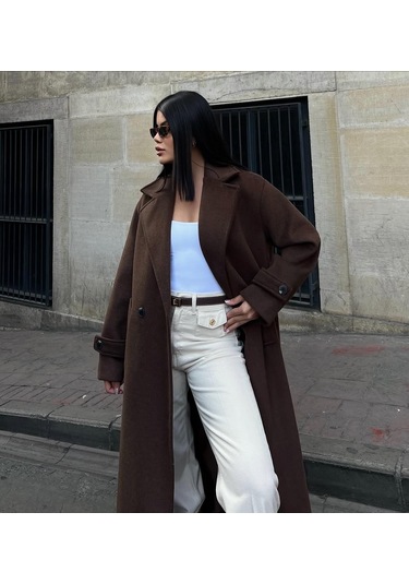 Kruvaze Kesim Kışlık Trençkot Palto Kahve
