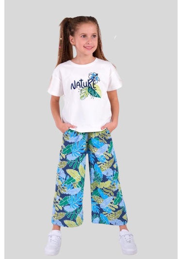 6-9 Yaş Desenli İspanyol Pantolon Tişört Kız Çocuk Takım Mavi Mavi