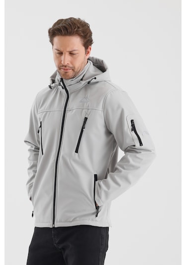Çıkartılabilen Fermuarlı Kapüşon Cepli İçi Polarlı Su Geçirmez Softshell Erkek Mont Taş Taş