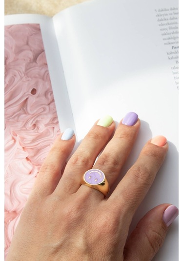 Mor Renkli Altın Kaplama Ayarlanabilir Gülen Yüz Yüzük Altın