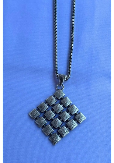 Kare Desenli El İşçiliği Paslanmaz Çelik Zincir Erkek Kolye Gümüş