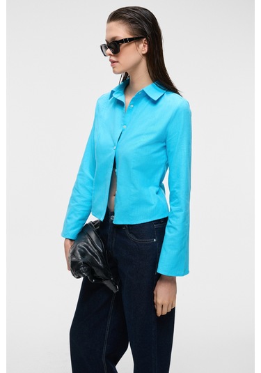 Grımelange Makayla Kadın Keten Uzun Kollu Regular Fit Mavi Gömlek Mavi