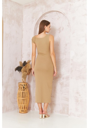 Kadın Kısa Kollu Tek Omuz Kaşkorse Bej Elbise Dm1051 Bej