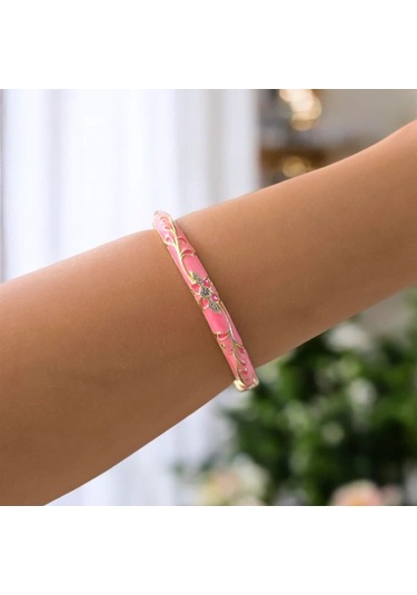 Taşlı Çiçek Motifli Pembe Mineli Çelik Bilezik Gold