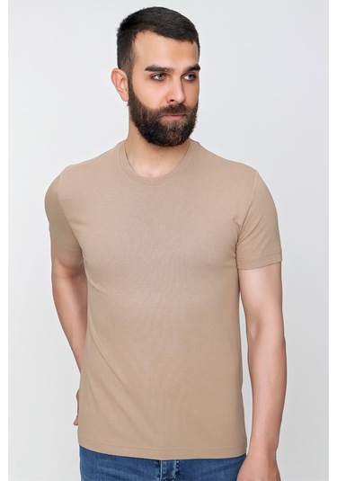 Slim Fit Bisiklet Yaka Düz Pamuklu Bej Tişört Ts 823 Bej