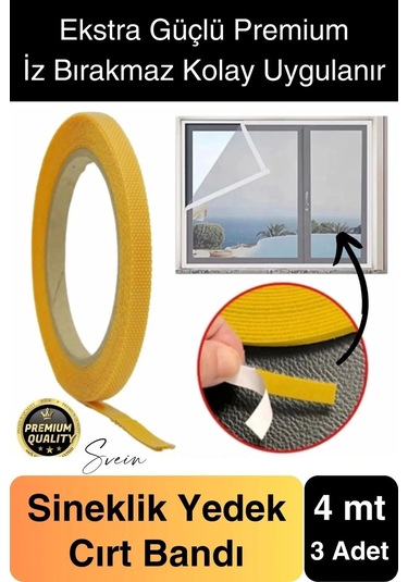 4 Mt Güçlü Premium Sineklik Yedek Cırt Bant Pencere Kapı Yapışkanlı Tül Sinek Perdesi Bandı 3 Adet