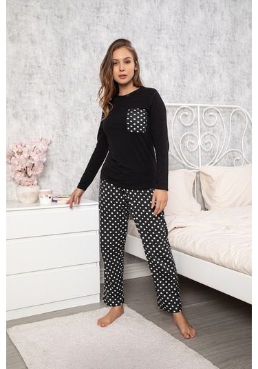 Pijama Takımı Bisiklet Yaka Siyah Renkli Puantiye Desen Uzun Kollu Taytlı Pijama Takımı 28391 Siyah