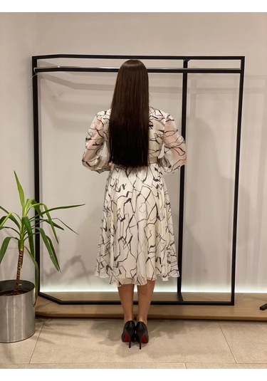 Modatalika Kadın Midi Boy Desenli Truvakar Kol Kemer Detaylı Yeni Sezon Elbise Ekru