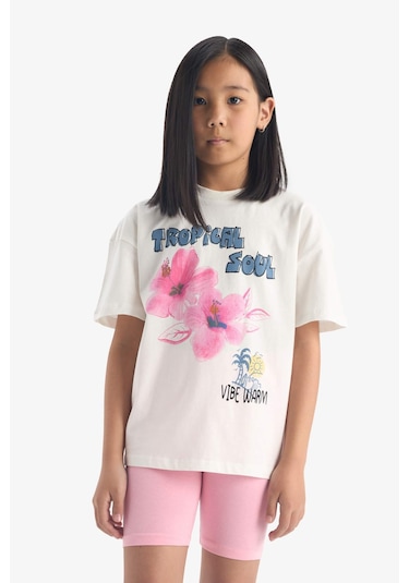 DeFacto Kız Çocuk 2'li Takım Baskılı Kısa Kollu Tişört Biker Tayt E4757A825SMER140