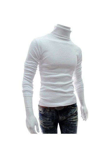 Beyaz Sıcak Örme Gömlek Şık Üst Balıkçı Yaka Düz Renk Esnek Örme Gömlek Beyaz
