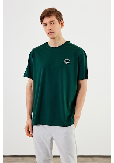 Leo Erkek Oversize Tshirt %100 Pamuk Bisiklet Yaka Baskı Detaylı Basic Tişört Mtlce77 Yeşil