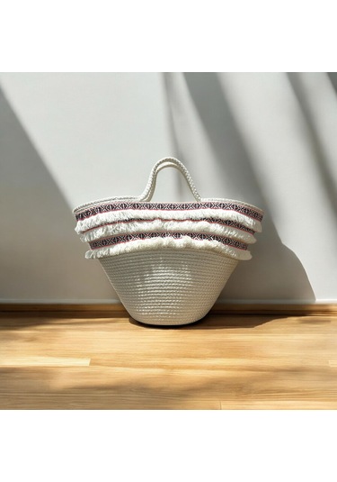Hasır Çanta, Plaj Çantası, Tasarım Çanta, Ekru Pembe Şeritli El Çantası Ekru