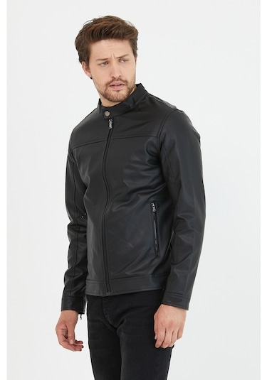 Erkek Siyah Yeni Sezon Dar Kesim Deri Ceket Mont-Siyah