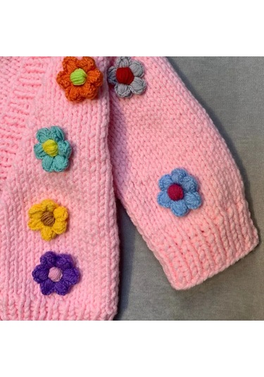 Uretti - Eylem 6333 - El Yapımı Çiçekli Kız Çocuk Hırkası - 12 - 24 Ay Pembe