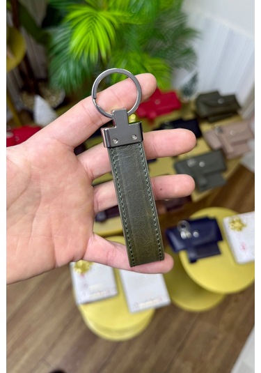 Eskitme Yeşil Hakiki Deri Premium Anahtarlık Kişiye Özel İsim Baskılı