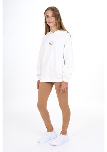 Toontoy Kız Çocuk Kapüşonlu Önü Yazı Baskılı Taytlı Takım Ekru