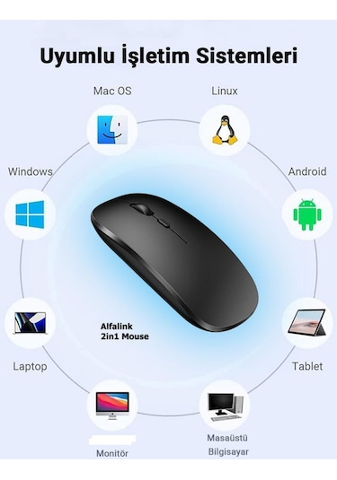 Alfalink AL-BT15 Bluetooth Wireless Şarjlı Sessiz Tuşlu Kablosuz Mouse Siyah