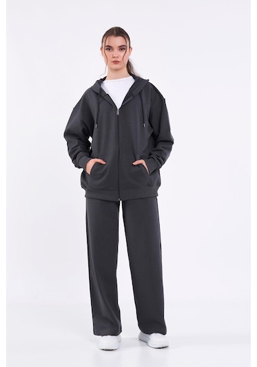 Comeor Antrasit Kanguru Cepli Kapüşonlu Fermuarlı Oversize Kadın Sweatshirt Cmrb73-antrasit Antrasit