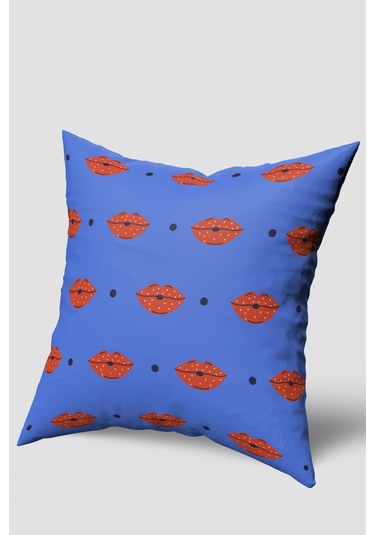 Mavi Kırmızı Dudak Desenli Kırlent Kılıfı Mavi