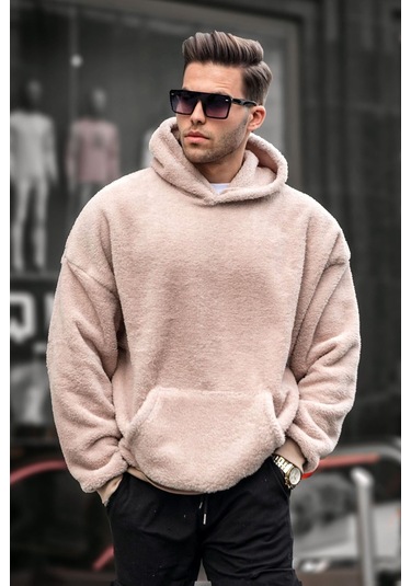 Bej Peluş Kapüşonlu Erkek Sweatshirt 6050 Bej