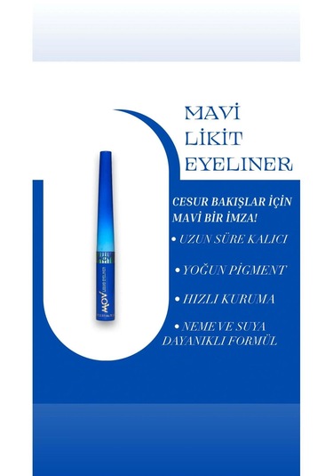 Mov Likit Eyeliner Mavi 3,5 G Parlak Mavi Ton, Suya & Tere Dayanıklı Mavi