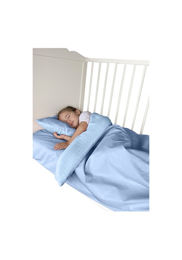 %100 Pamuk Muslin-akfil Bebek Nevresim Takımı Çift Yönlü Mavi