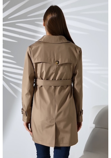 Kadın Degaje Kuşaklı Yarım Boy Astarlı Uzun Kollu Döğmeli Trençkot Vizon Vizon