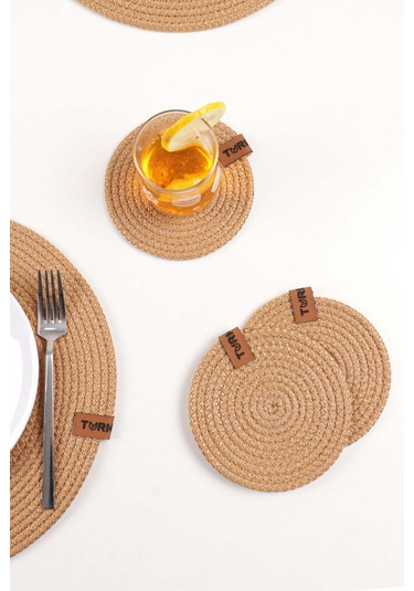 Dekoratif Salyangoz Jüt Dokuma Bardak Altlığı, 6'lı Bardak Altlığı Bej