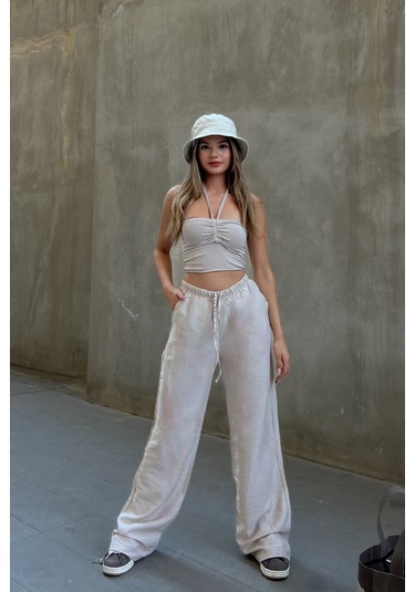 Pembe Keten Karışımlı Bol Kesim Pantolon Bej