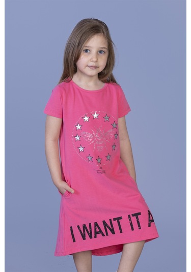 Toontoy Kız Çocuk I Want It All Baskılı Elbise Fuşya
