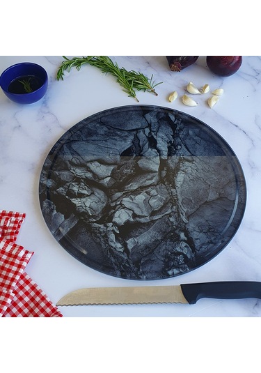 Kanallı Cam Kesme Tablası | Doğal Taş Desenli | Çap32cm