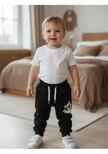 Zekids Bebek Ayıcık Desenli Eşofman Alt-16391 Siyah