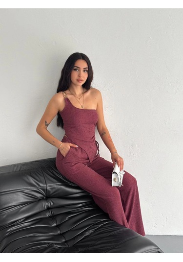 Asimetrik Crop Pantalon İkili Takım - Gül Kurusu Çok Renkli