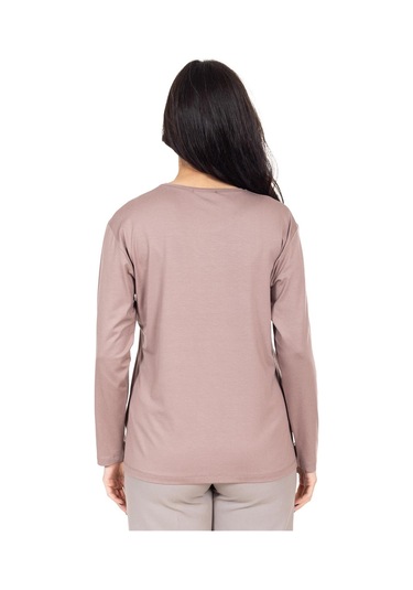 Yeni Sezon Kadın Orta Yaş Ve Üzeri Viskoz Lazer Baskı İşlemeli Lüks Anne Penye Bluz 23350-vizon