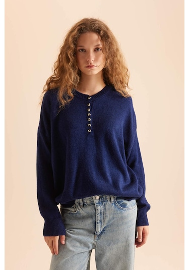 DeFacto Oversize Geniş Kalıp Düğmeli Yaka Triko Kazak D4913AXNSNV131 Lacivert