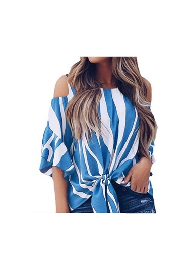 Kadın Gömlek Yuvarlak Yaka Askısız Bol Dikey Çizgili Günlük Üst Açık Mavi