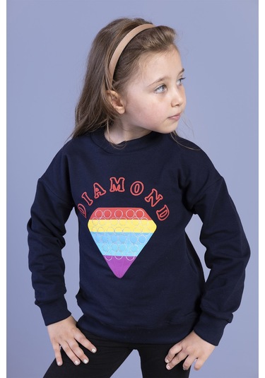 Toontoy Kız Çocuk Popıt Baskılı İçi Pamuklu Sweatshirt Lacivert