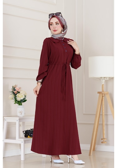 Yakası Güpür Nova Elbise-bordo-5027 Bordo