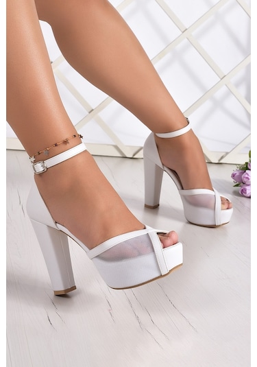 Erkan Saçmacı Carmen Beyaz Fileli Önü Açık Bilekten Bağlamalı Platform Topuklu Ayakkabı Beyaz