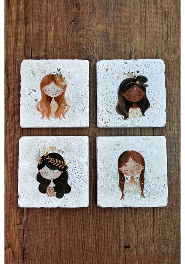Sevimli Kızlar Temalı Doğal Taş Bardak Altlığı - Stone Coasters Çok Renkli