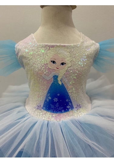 Kara Kedi Kostüm Evi- Baskılı Kısa Elsa Elbise Mavi